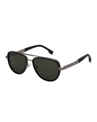 Unisex Premium Silver &amp; Black Toned Green UV with Polarised Lens Aviator Sunglass
