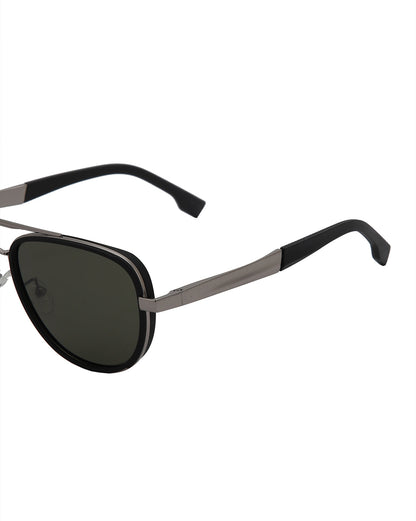 Unisex Premium Silver &amp; Black Toned Green UV with Polarised Lens Aviator Sunglass