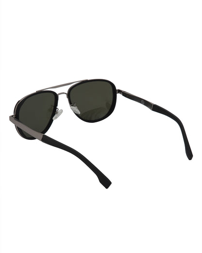 Unisex Premium Silver &amp; Black Toned Green UV with Polarised Lens Aviator Sunglass