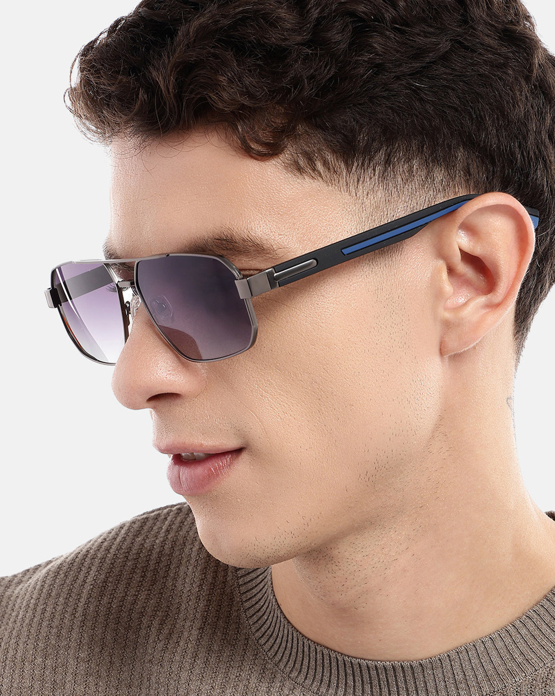 Unisex Premium Metallic &amp; Black Toned Grey UV with Polarised Lens Rectangle Sunglass