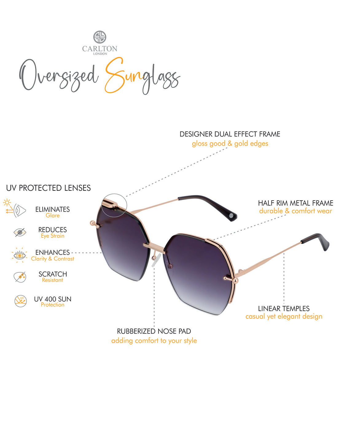 Premium Rose Gold with Brown Toned &amp; UV Protected Lens Oversized Sunglass for women