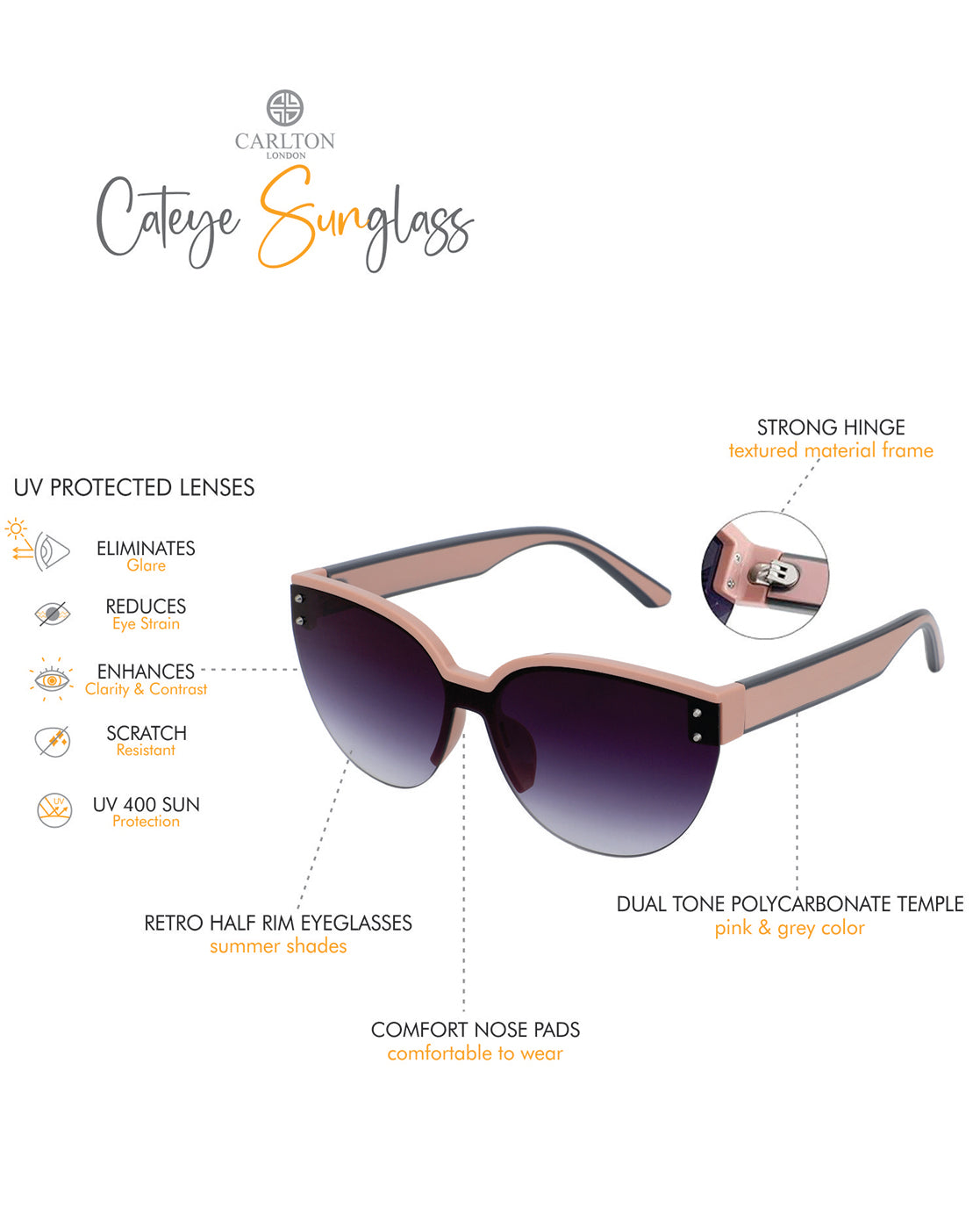 Premium Pink with Grey Toned &amp; UV Protected Lens Cat Eye Sunglass for women