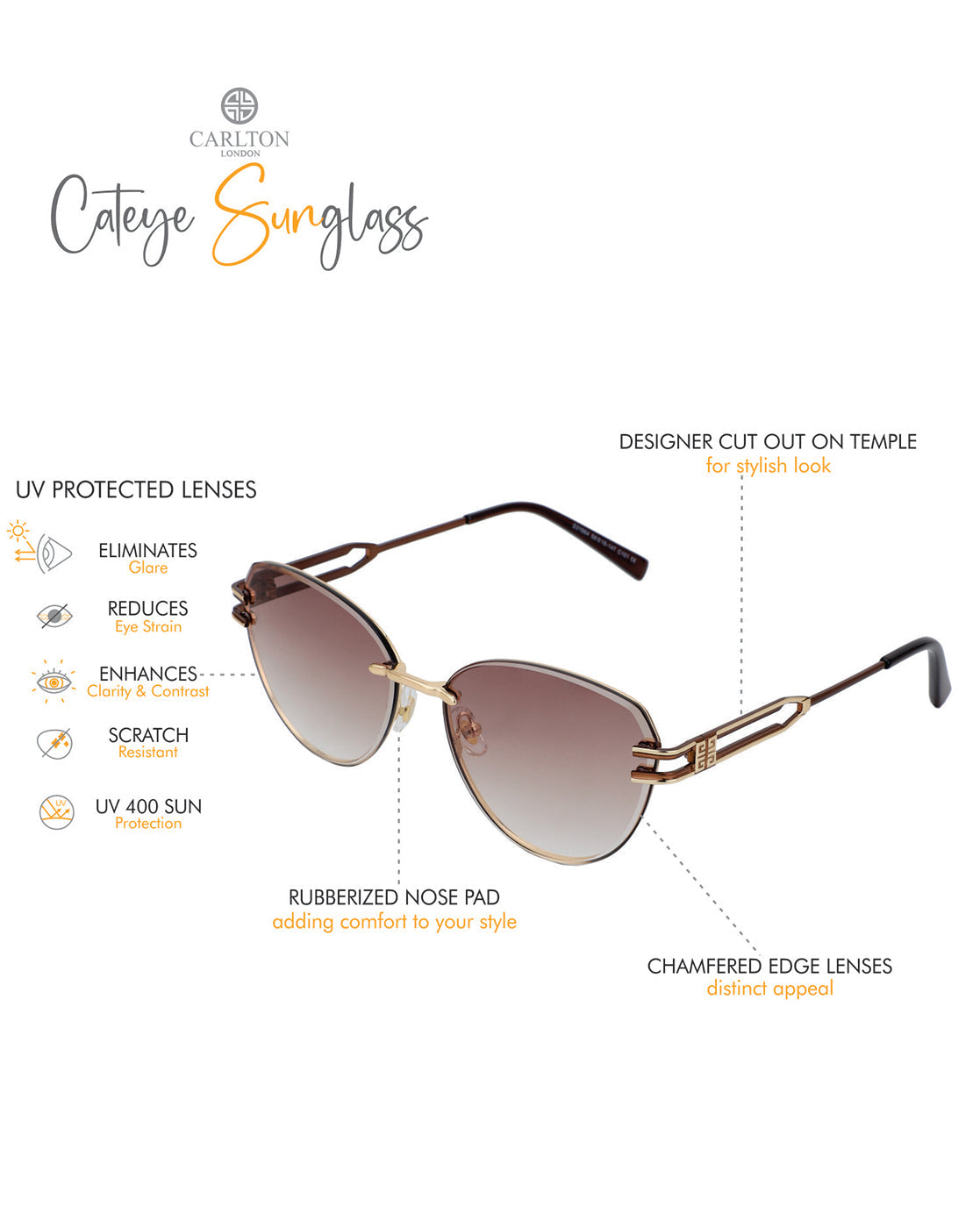 Premium Gold with Brown Toned &amp; UV Protected Lens Cat Eye Sunglass for women