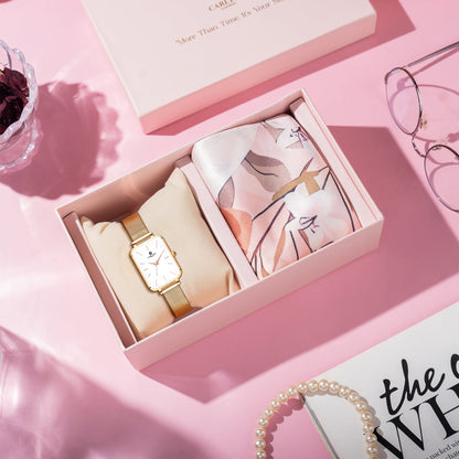Carlton London Diana Women’s Watch Gift Set with Scarf, White Rectangular Dial, Rose Gold Stainless Steel Bracelet - CLPLG103