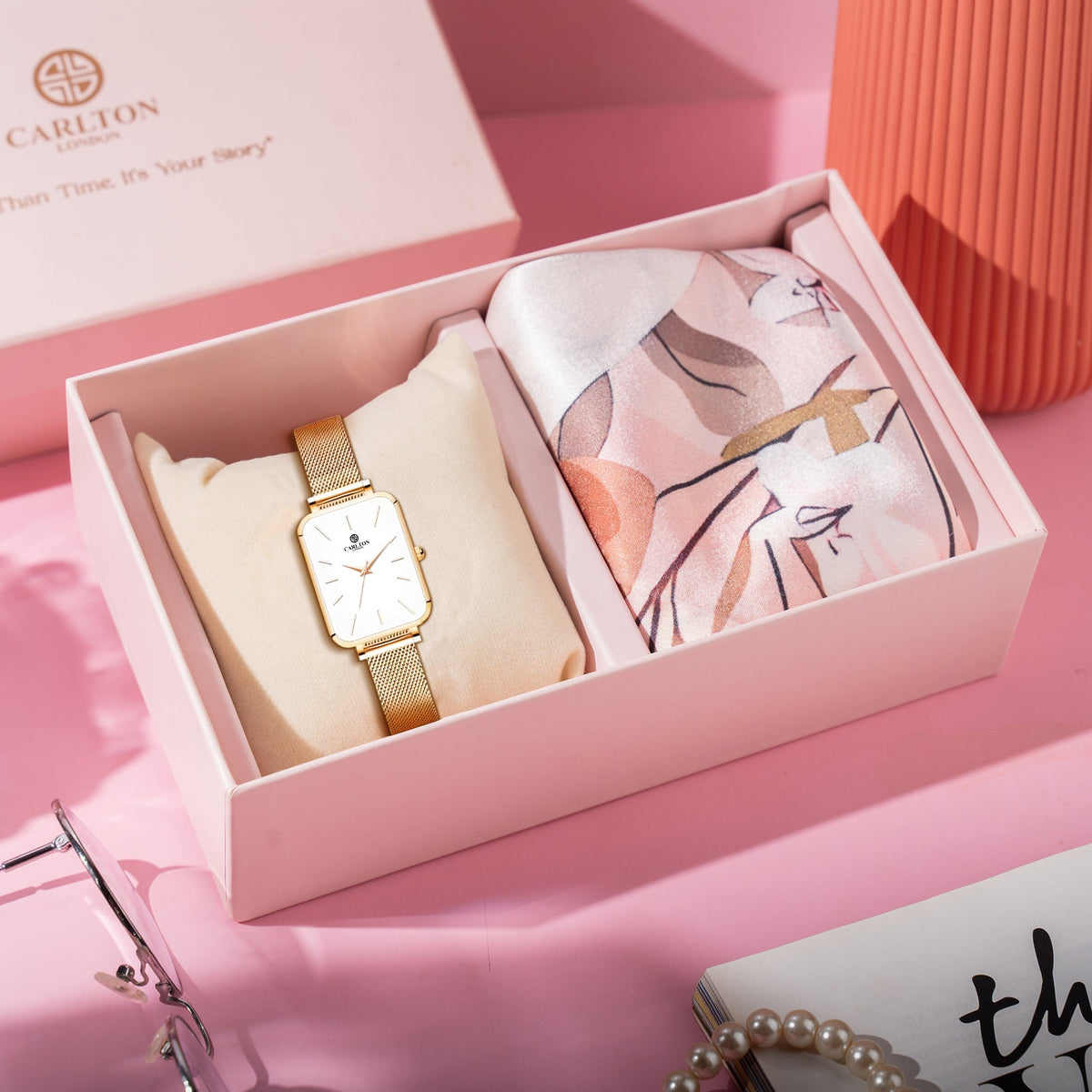 Carlton London Diana Women’s Watch Gift Set with Scarf, White Rectangular Dial, Rose Gold Stainless Steel Bracelet - CLPLG103