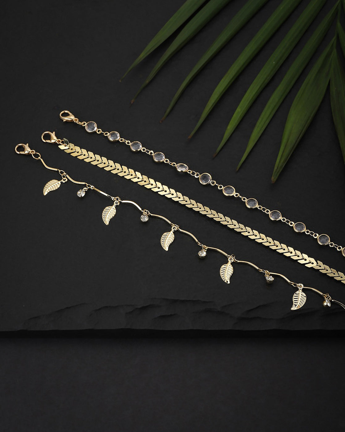 Carlton London Set Of 3 Gold Plated Multi-Layered Stackable Leaf Shape Anklet For Women