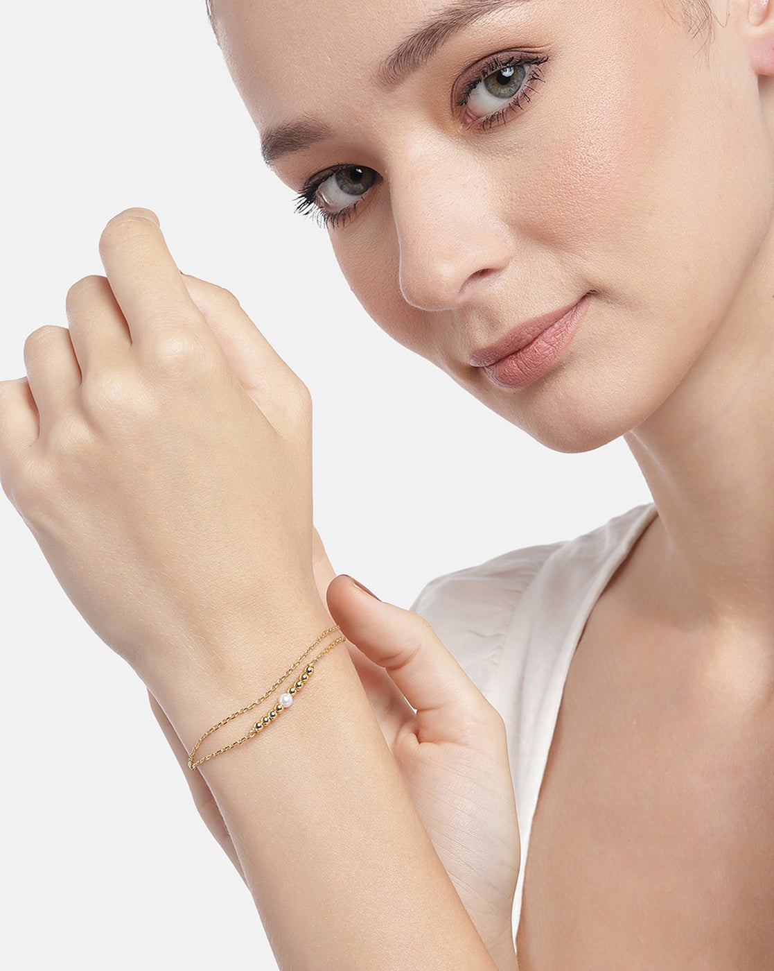 Carlton London 18Kt Gold Plated Double Layer Bracelet  With Gold Beads &amp; Pearl
