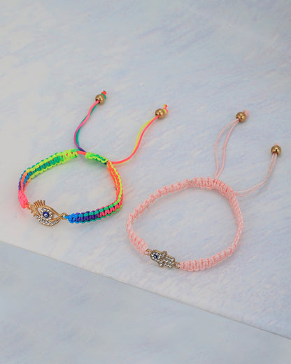 Set of 2 Gold Plated CZ Hamsa &amp; Evil Eye Adjustable Bracelet for women