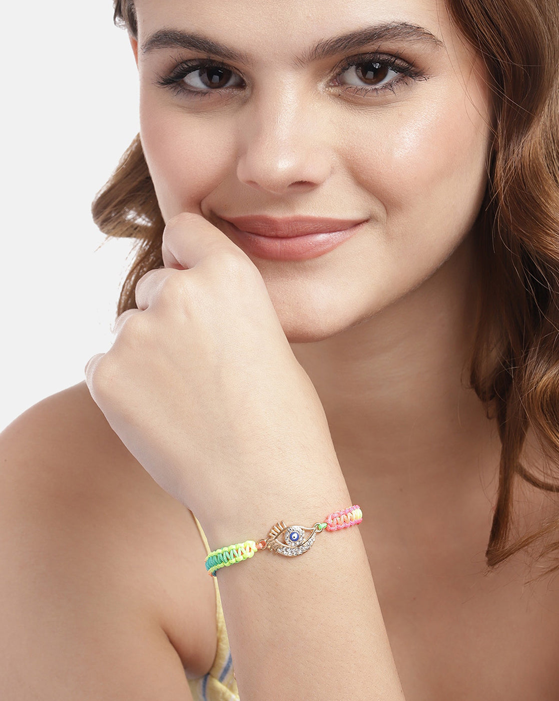 Set of 2 Gold Plated CZ Hamsa &amp; Evil Eye Adjustable Bracelet for women