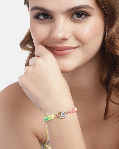 Set of 2 Gold Plated CZ Hamsa &amp; Evil Eye Adjustable Bracelet for women