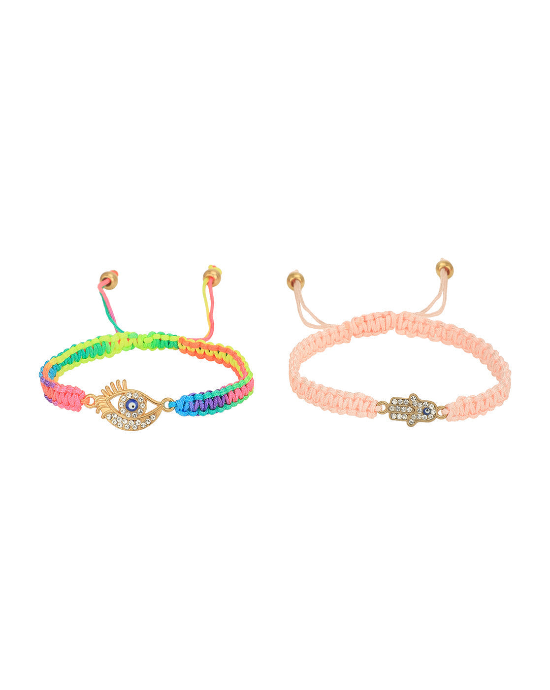 Set of 2 Gold Plated CZ Hamsa &amp; Evil Eye Adjustable Bracelet for women