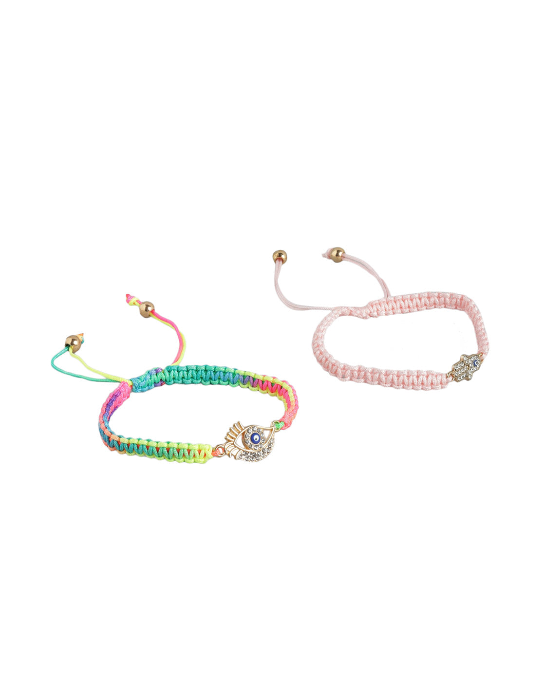 Set of 2 Gold Plated CZ Hamsa &amp; Evil Eye Adjustable Bracelet for women
