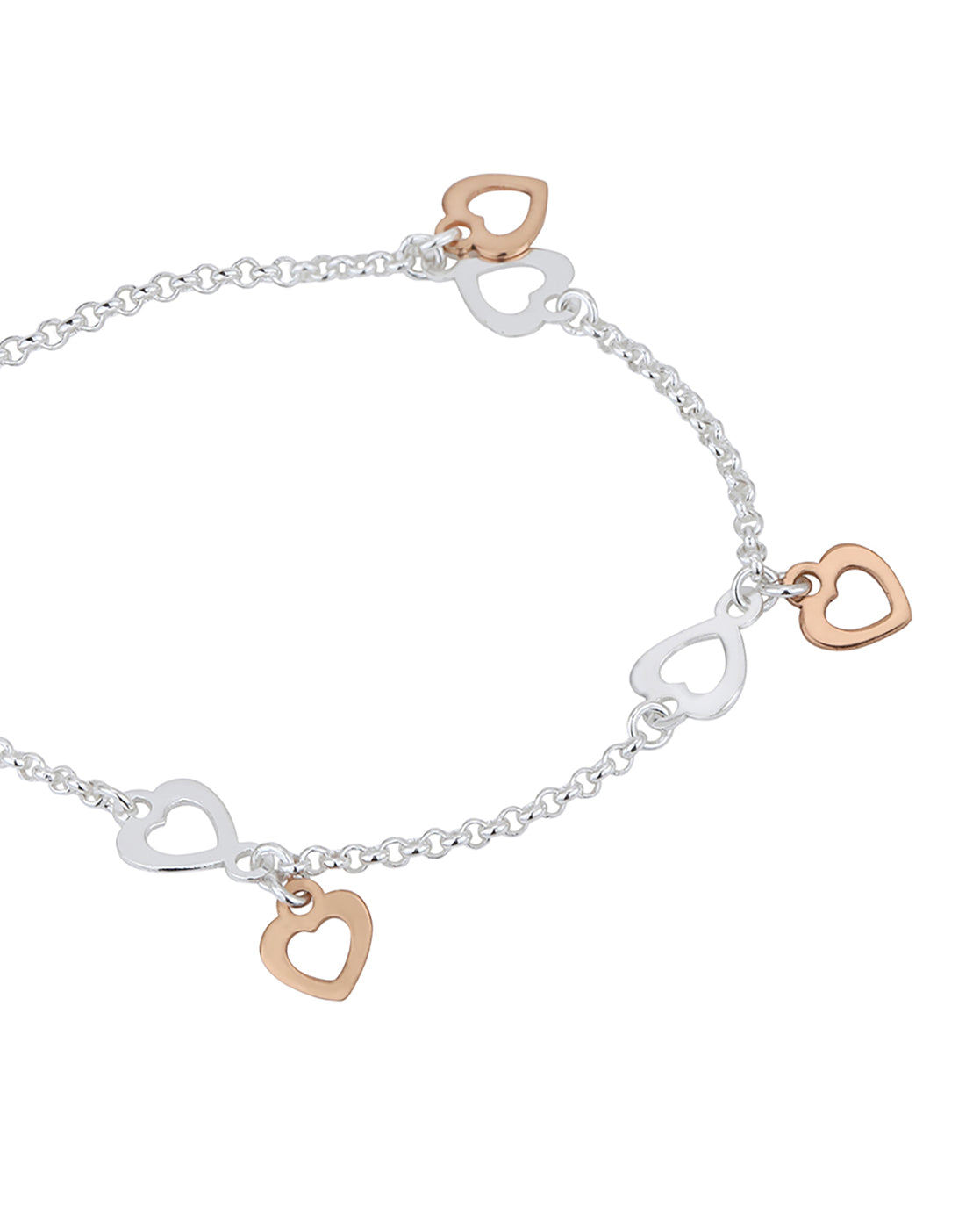 18kt Rose Gold and Rhodium Plated Heart Charm Bracelet