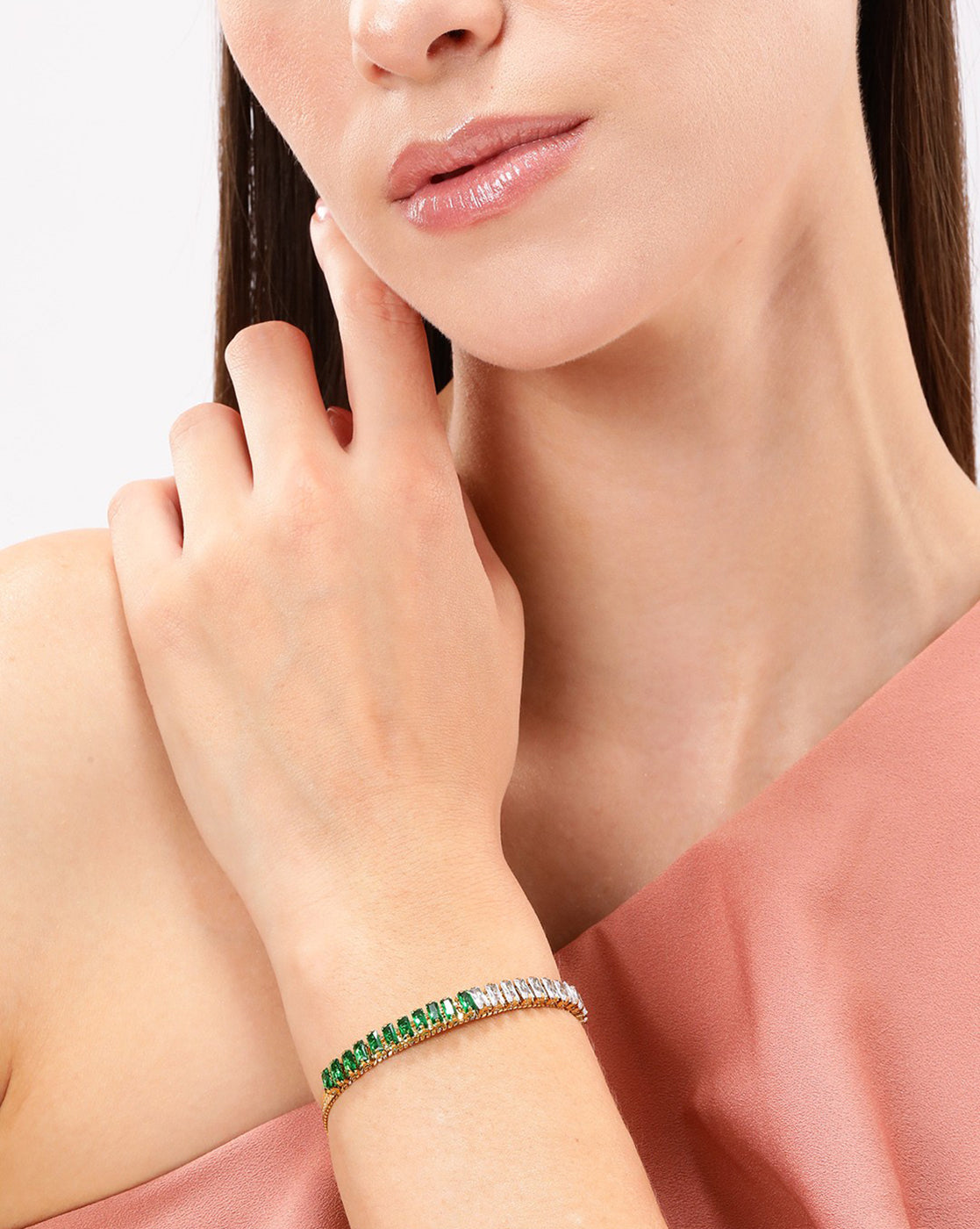 18kt Gold Plated Stainless Steel Green CZ Wraparound Bracelet