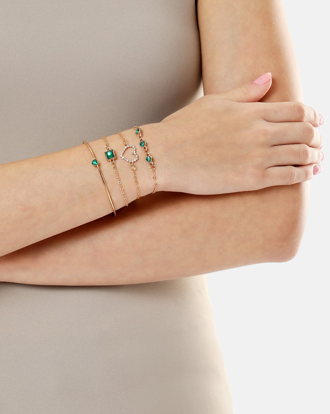 Set of 4 Rose Gold Plated CZ Heart Charm Bracelet