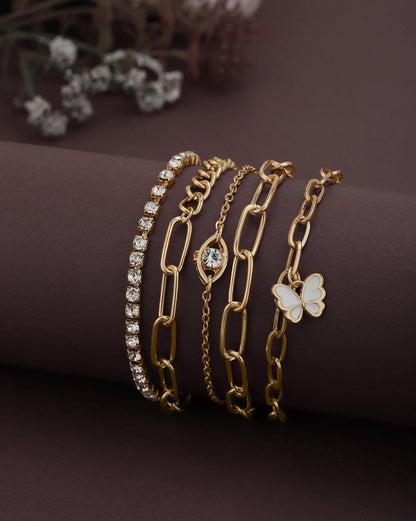 Set of 5 Rose Gold Plated CZ Butterfly and Evil Eye Enamel Charm Bracelet