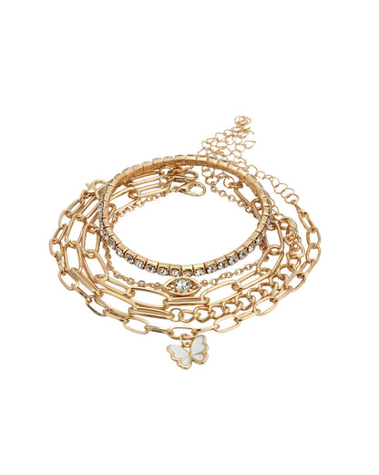 Set of 5 Rose Gold Plated CZ Butterfly and Evil Eye Enamel Charm Bracelet
