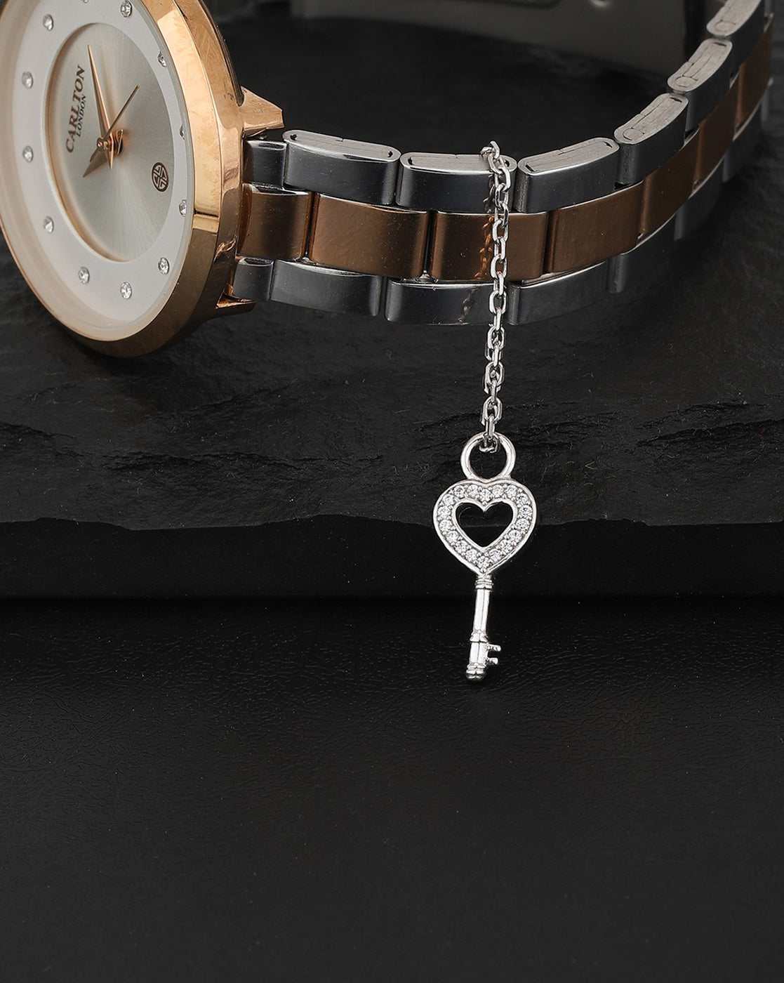 Carlton London Rhodium-Plated Silver-Toned Cz Studded Heart-Key Shape Watch Charm For Women
