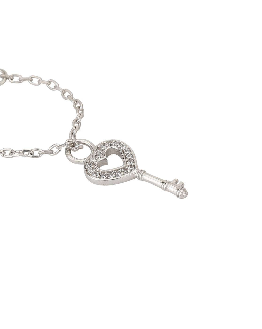 Carlton London Rhodium-Plated Silver-Toned Cz Studded Heart-Key Shape Watch Charm For Women