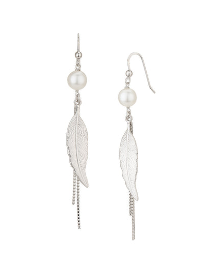 Carlton London Rhodium Plated White Pearl With Leaf Drop Earring For Women