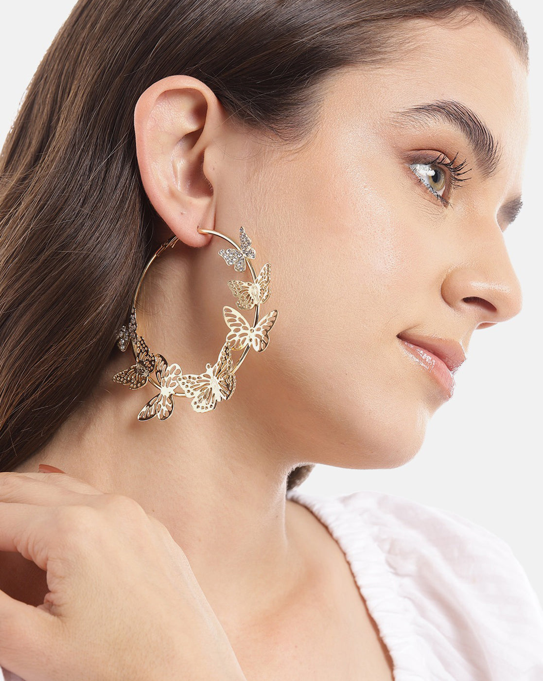 Gold Plated With Cz &amp; Butterfly Bold Hoop Earring For Women