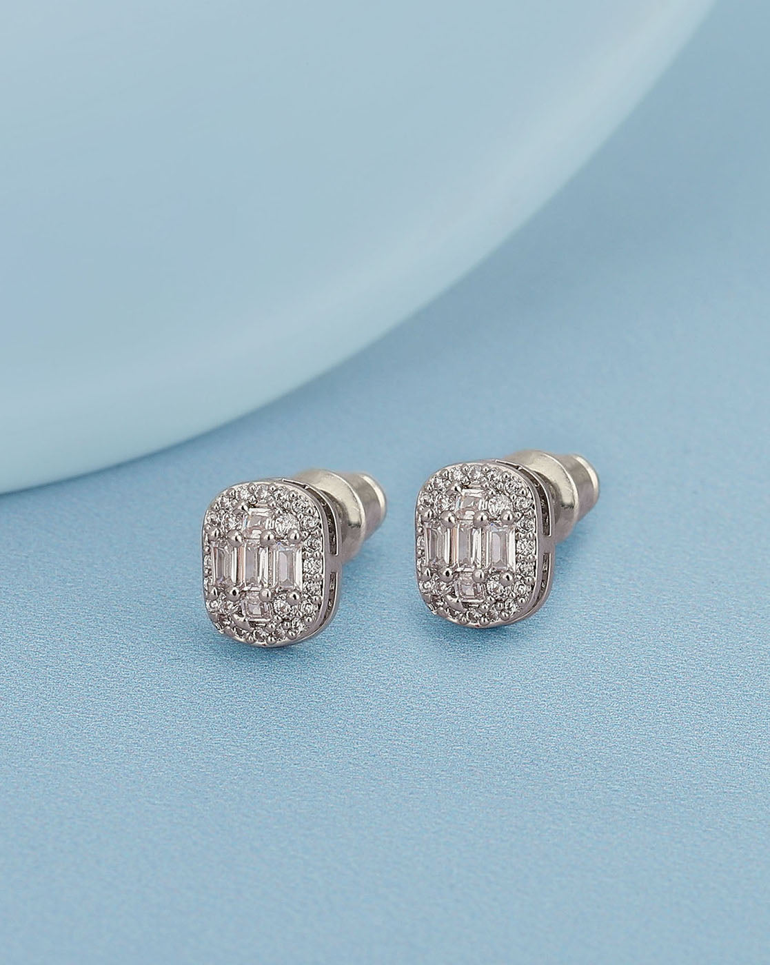 Rhodium Plated With Cz Petite Stud Earring For Women
