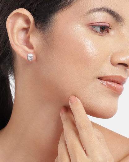 Rhodium Plated With Cz Petite Stud Earring For Women