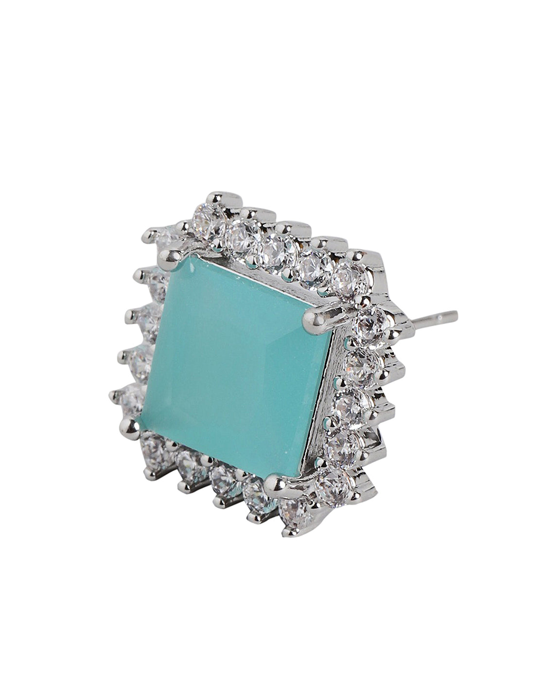 Rhodium Plated With Turquoise Stone Stud Earring For Women