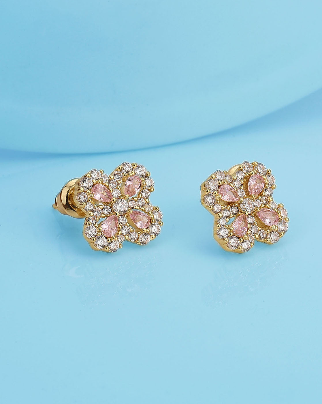 Gold Plated With Cz Floral Stud Earring For Women