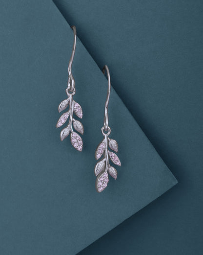 Rhodium Plated with CZ Leaf Fancy Drop Earring for women