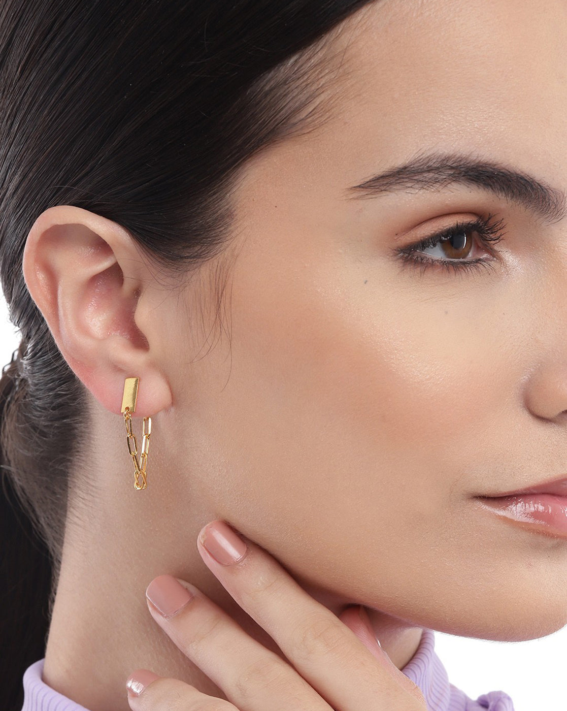 18kt Gold Plated Dangling Chain Front Back Drop Earring for women