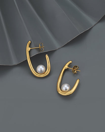 Gold Plated with Pearl Contemporary Half Hoop Earring for women