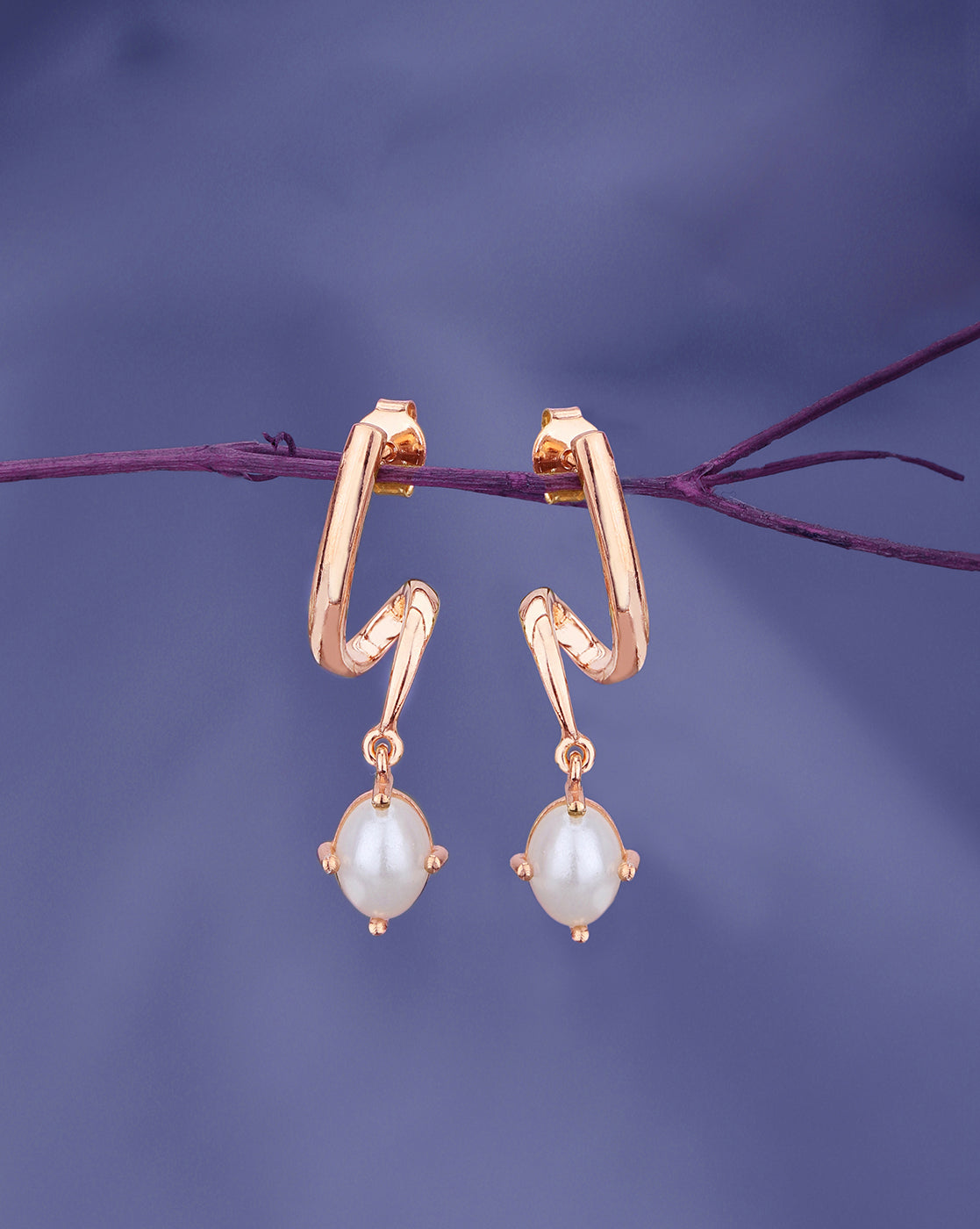 18kt Rose Gold Plated with Pearl Contemporary Drop Earring