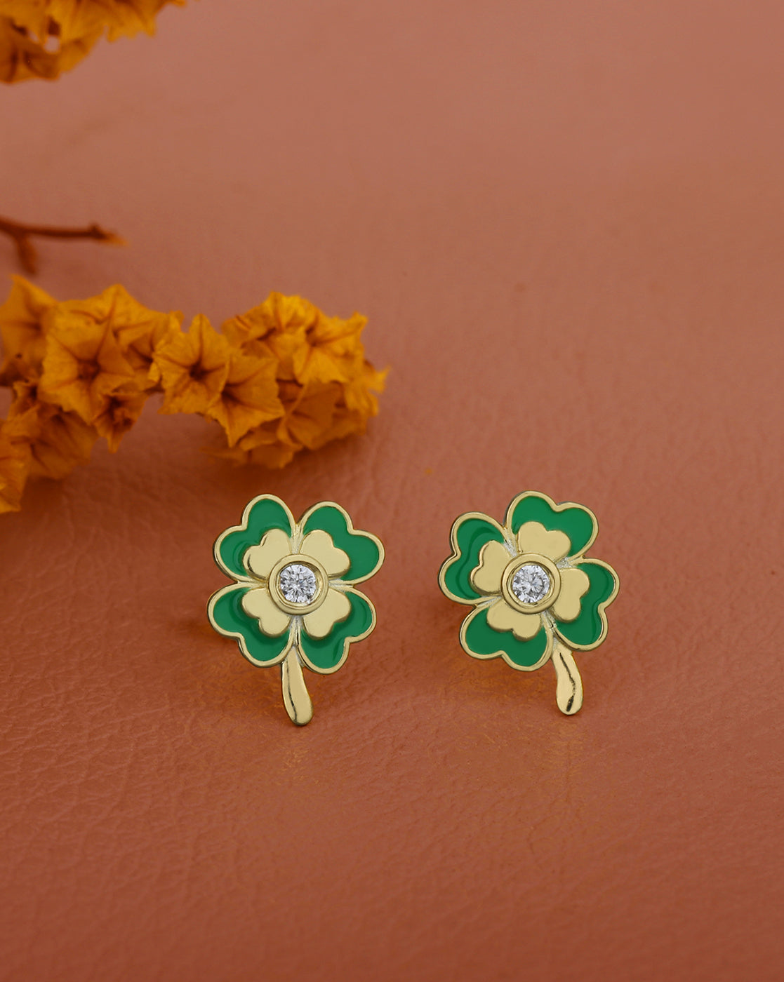18kt Gold Plated with CZ and Enamel Floral Stud Earring