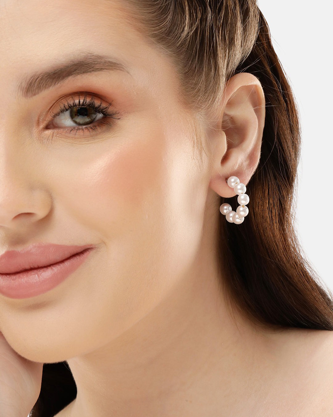 Gold Plated with Pearl Half Hoop Earring