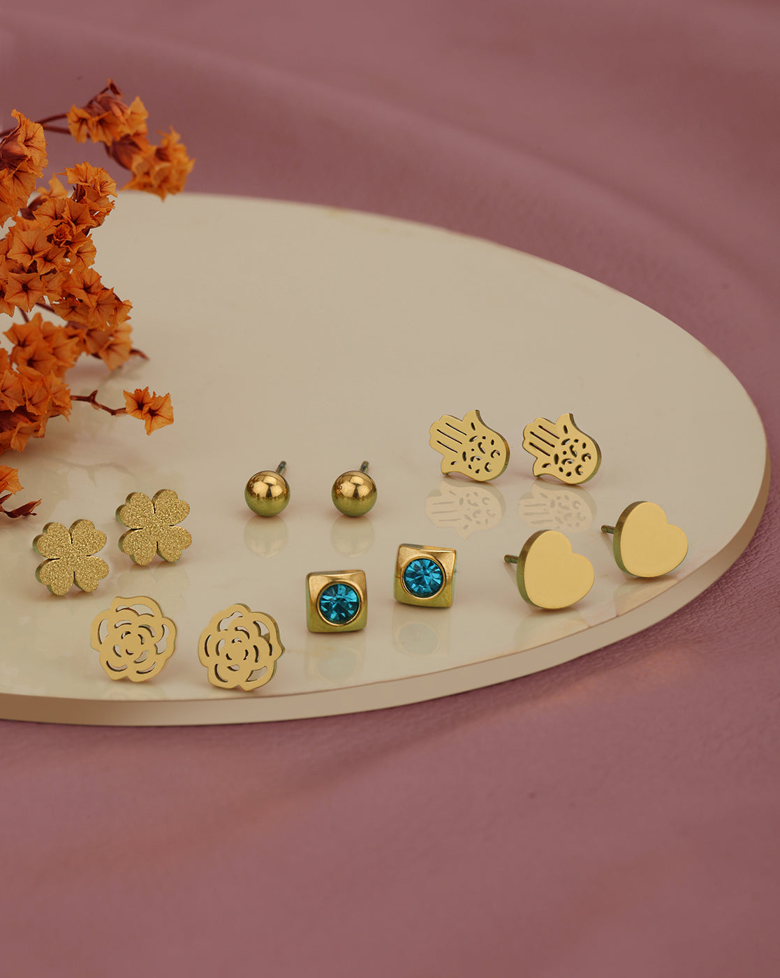Set of 6-18kt Gold Plated Stainless Steel CZ Stud Earring Set