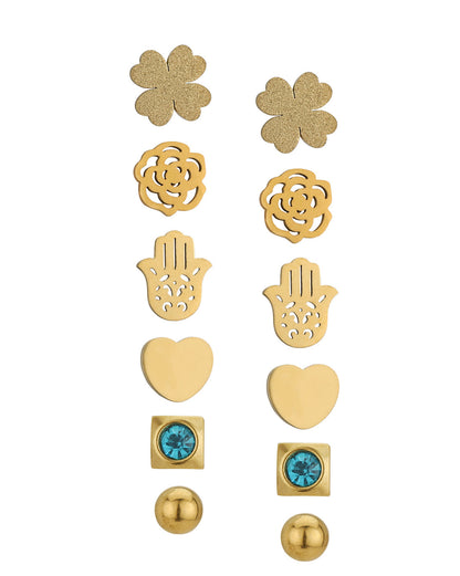 Set of 6-18kt Gold Plated Stainless Steel CZ Stud Earring Set