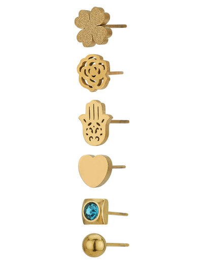 Set of 6-18kt Gold Plated Stainless Steel CZ Stud Earring Set