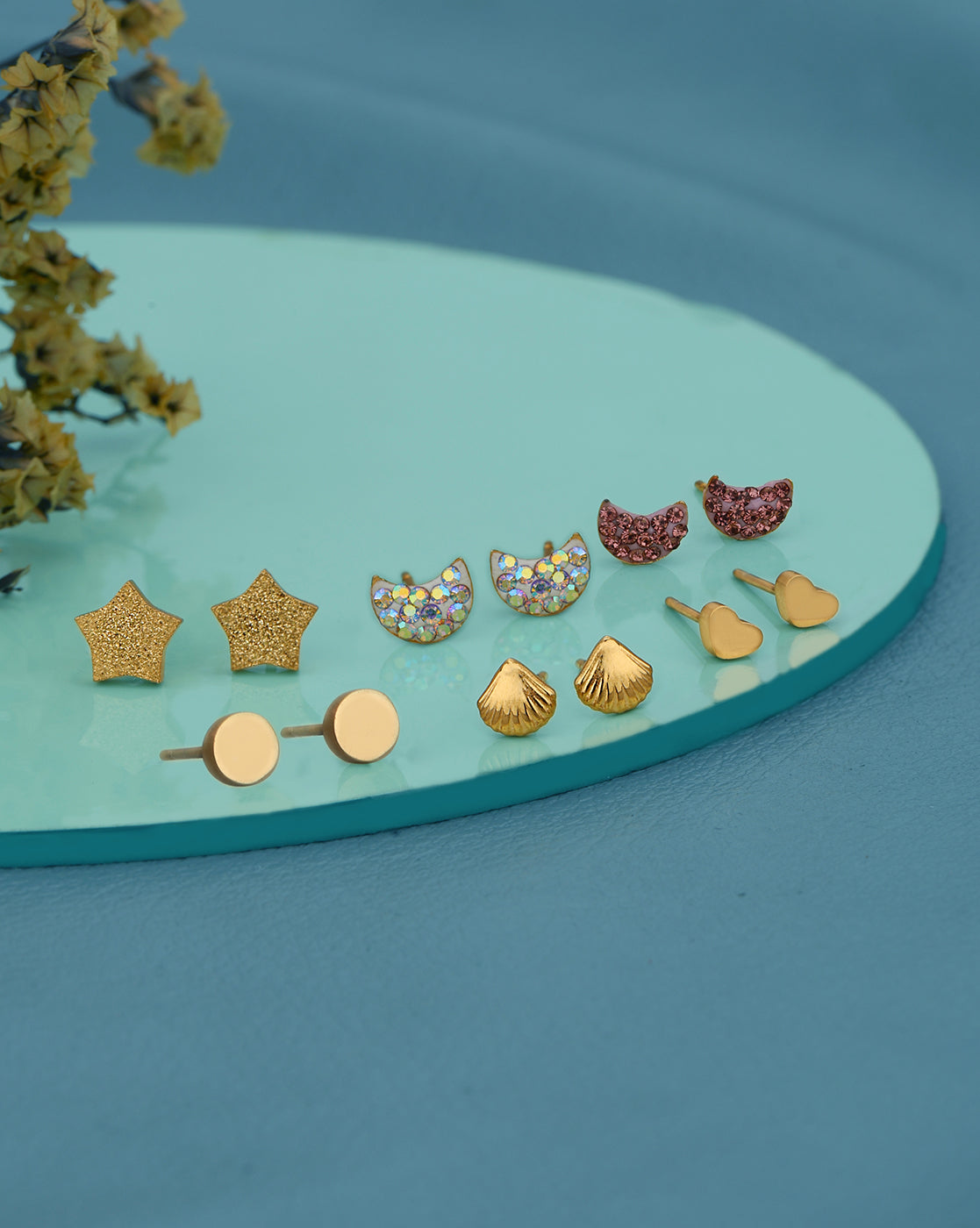Set of 6-18kt Gold Plated Stainless Steel Stud Earring Set