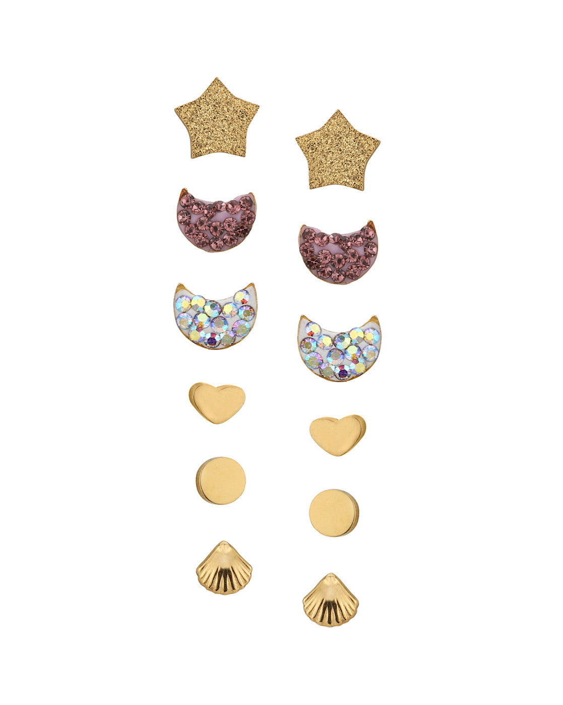 Set of 6-18kt Gold Plated Stainless Steel Stud Earring Set
