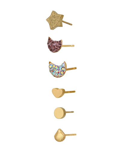 Set of 6-18kt Gold Plated Stainless Steel Stud Earring Set