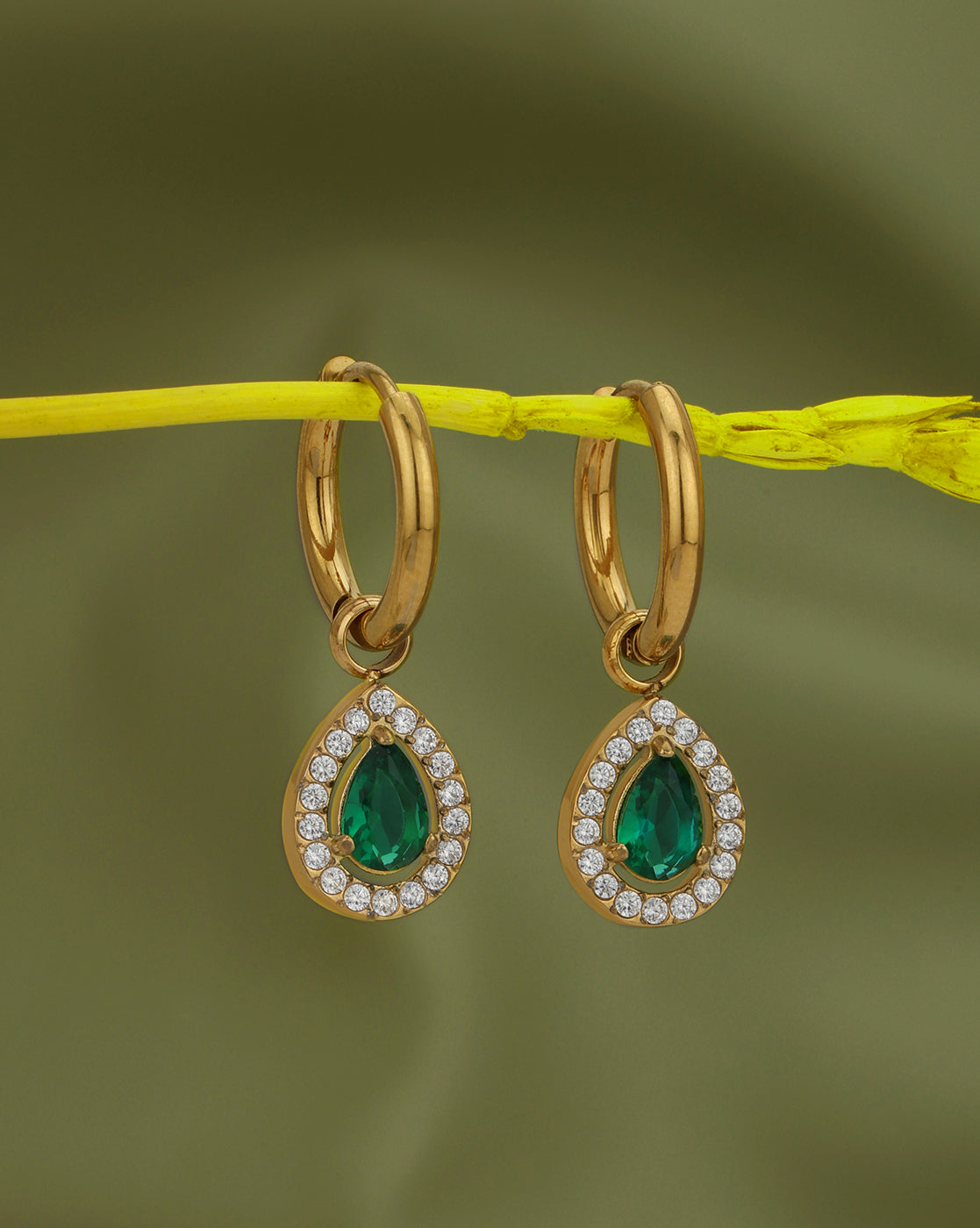 18kt Gold Plated Stainless Steel CZ Tear Drop Hoop Earring