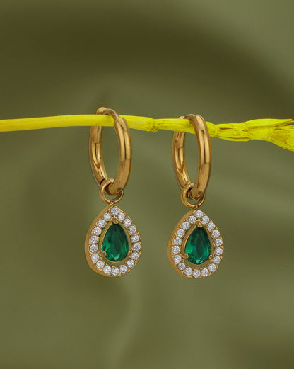 18kt Gold Plated Stainless Steel CZ Tear Drop Hoop Earring