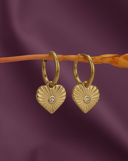 18kt Gold Plated Dangling Heart CZ Hoop Earring