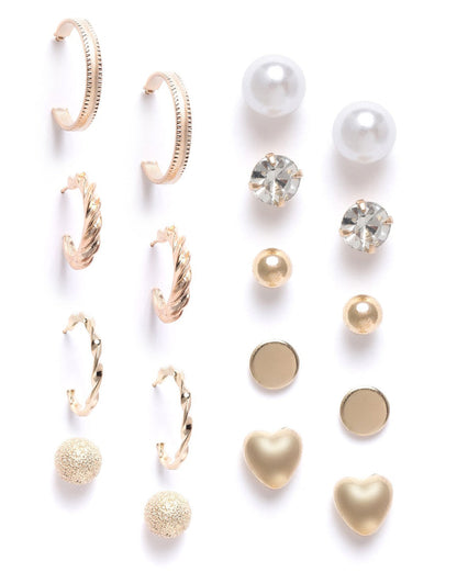 Set of 9 Two Tone CZ &amp; Pearl Multipack Half Hoop &amp; Stud Earring Set