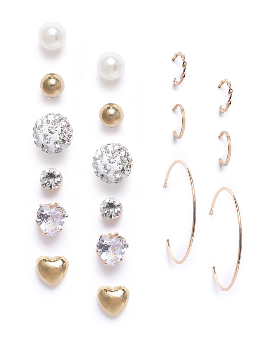 Set of 9 Two Tone CZ and Pearl Hoop &amp; Stud Multipack Earring Set
