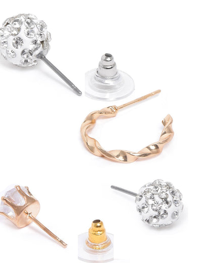 Set of 9 Two Tone CZ and Pearl Hoop &amp; Stud Multipack Earring Set