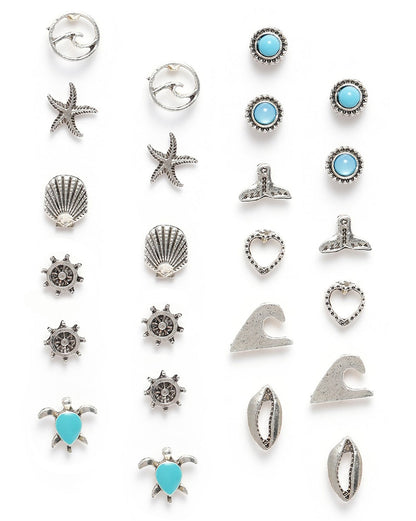 Set of 12 Silver Oxidised Beach Coastal Theme Enamel Stud Multipack Earring Set