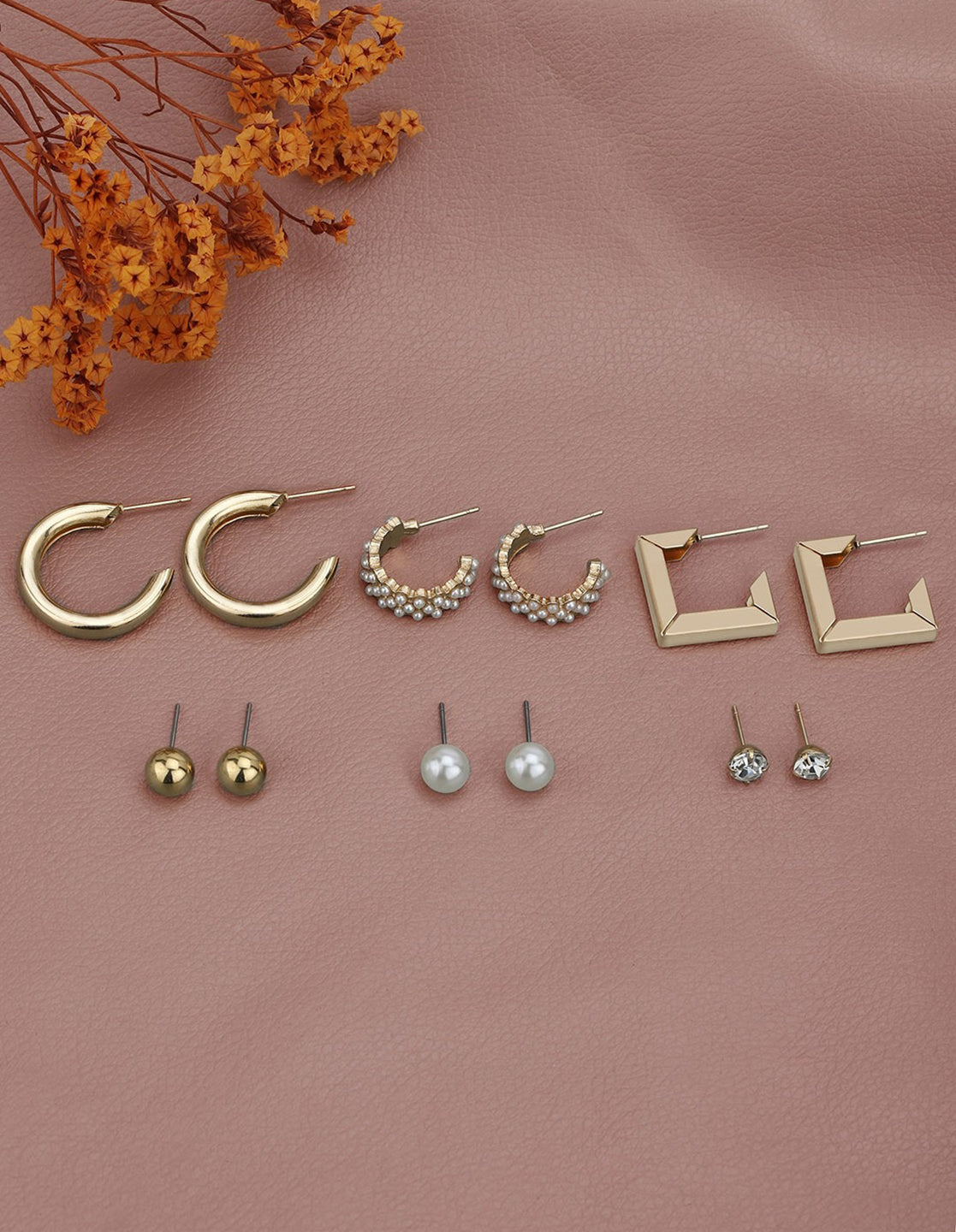 Set of 6 Gold Plated Contemporary Stud &amp; Hoop Multipack Earring Set