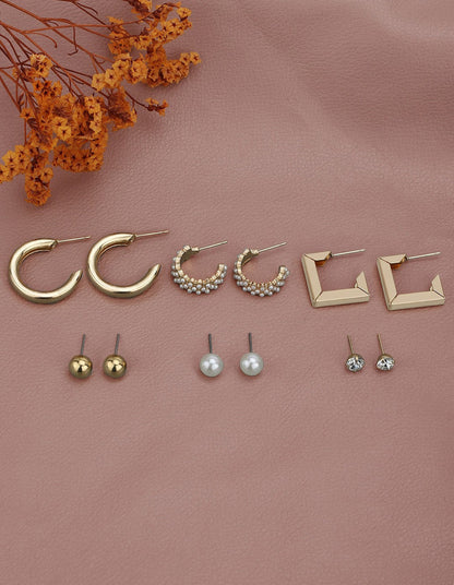 Set of 6 Gold Plated Contemporary Stud &amp; Hoop Multipack Earring Set